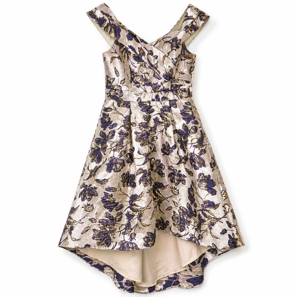 Oleg Cassini Size 10 Metallic Floral Jacquard High Low Cocktail Party Dress
